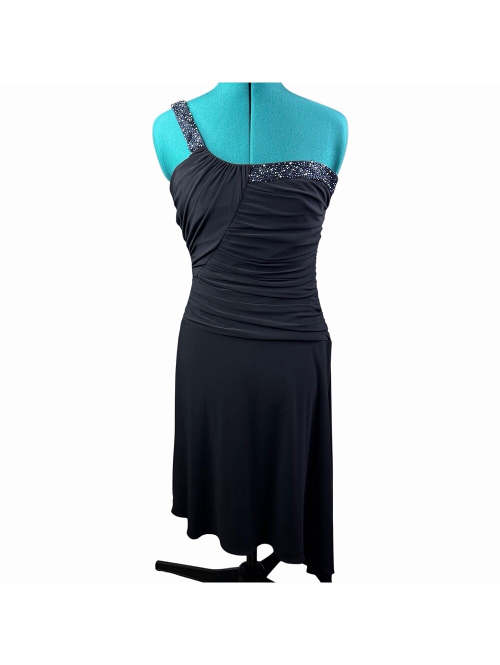 Laundry by Shelli Segal Black One Shoulder Beaded Sequin Knee Length Dress Sz 6